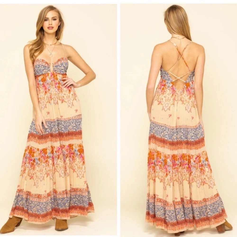 Free People Beige Floral Tiered Maxi Dress with Red and Blue Accents - Picture 11 of 13